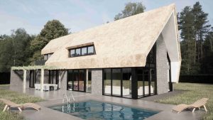 landelijk moderne villa met gerend riet kap en fraaie risaliet