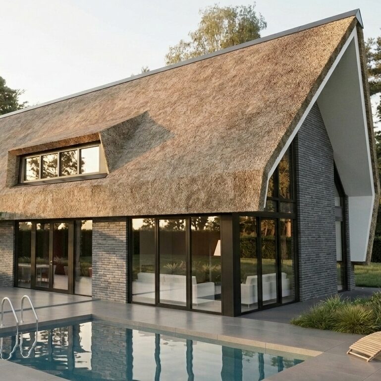 Ruime moderne rietenkap villa | gerend dak 
| risaliet | landelijk karakter