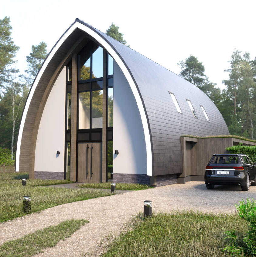 Fraai ontworpen getoogde kapwoning (tunneltent-architectuur)